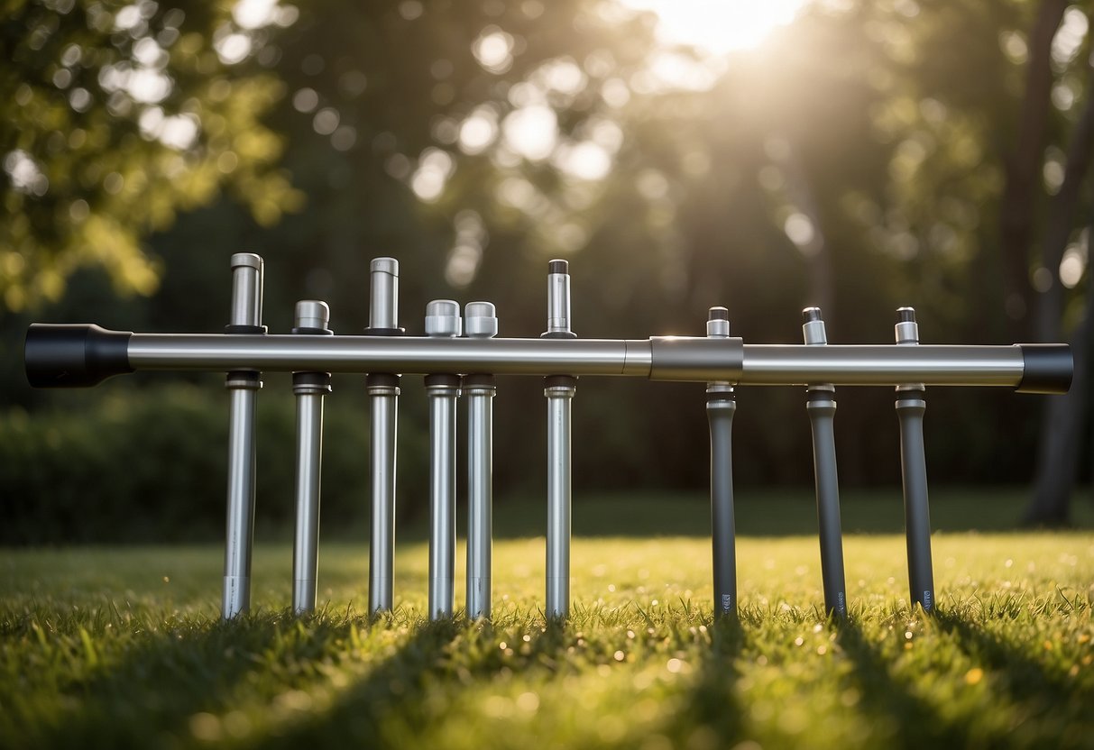 Five sleek yoga rods arranged on a grassy outdoor space, surrounded by trees and bathed in soft sunlight