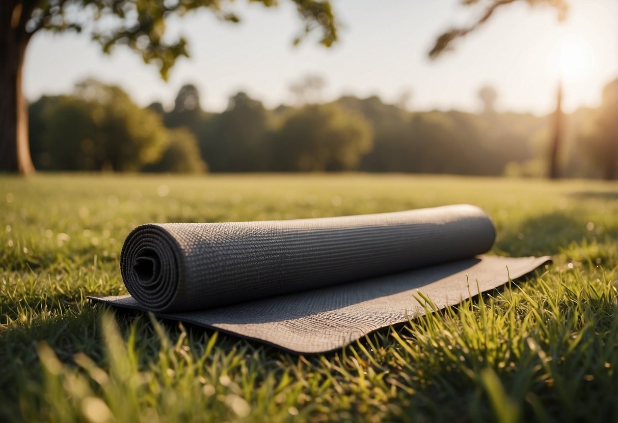 A Manduka PRO yoga mat lies on a grassy field, surrounded by five lightweight yoga rods. The sun shines down, casting a warm glow on the scene