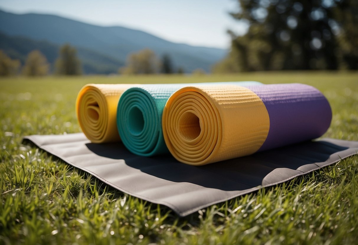 A colorful Liforme travel yoga mat lies on a grassy field surrounded by five lightweight yoga rods, set up for outdoor practice