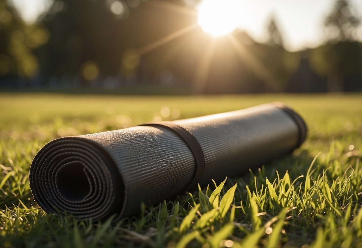 A yoga mat lies on a grassy field, surrounded by five lightweight yoga rods. The sun shines down, casting a warm glow on the scene