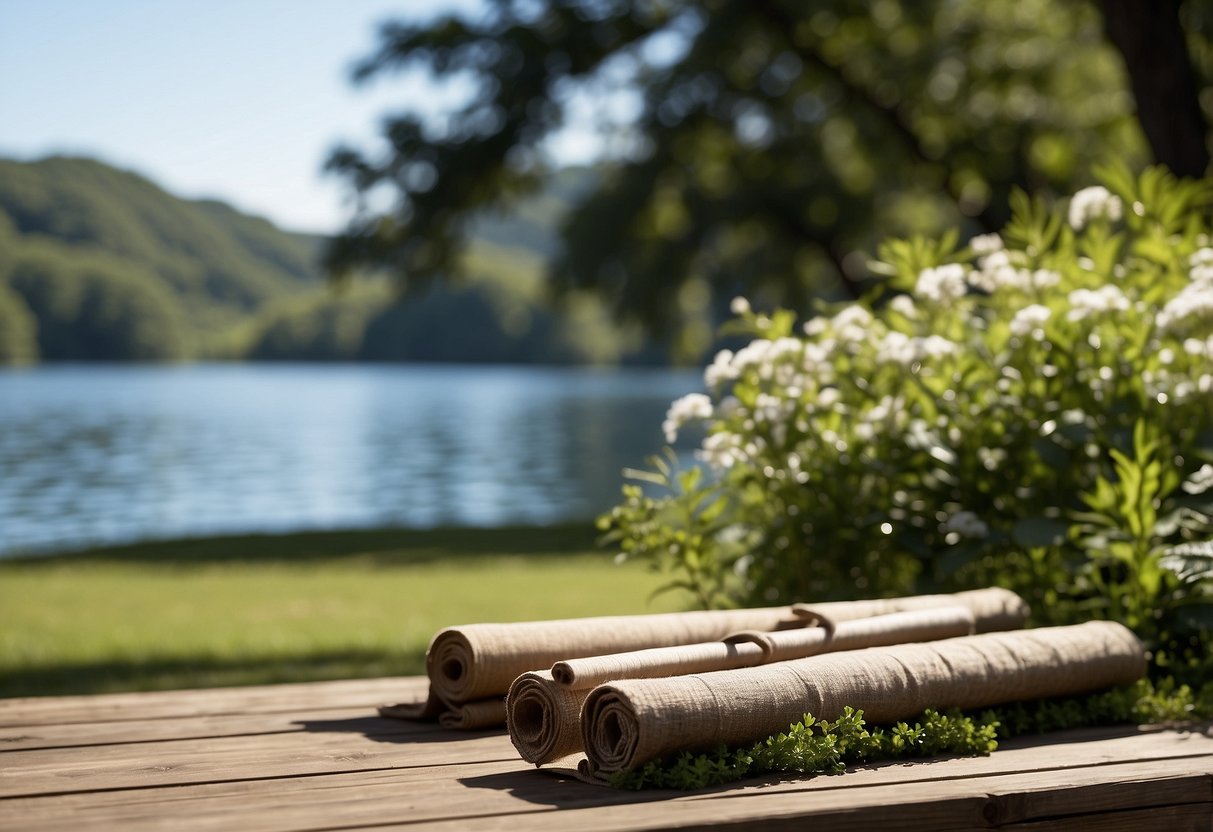 A serene outdoor setting with a clear blue sky and lush greenery, featuring five different lightweight yoga rods arranged neatly on a clean, flat surface