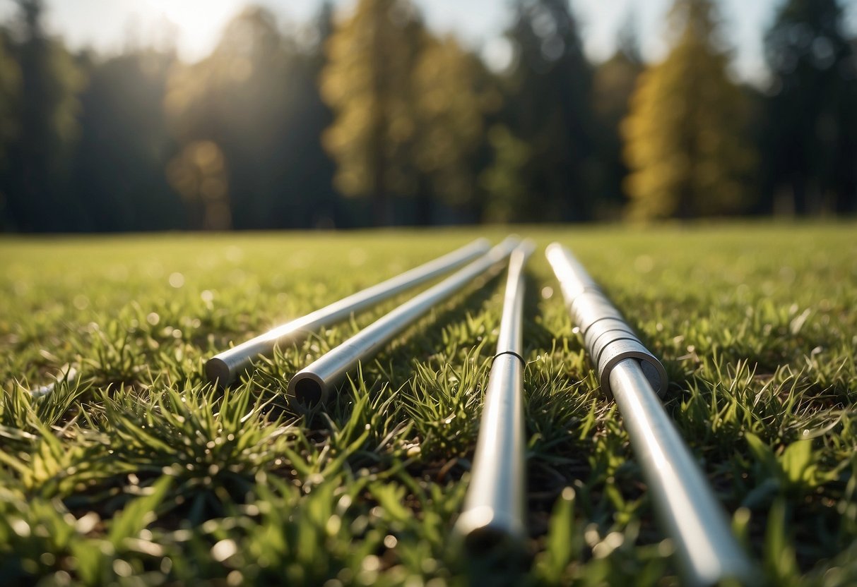 Yoga rods placed on grassy field with blue sky. Trees in background. Sunlight shining on rods. Peaceful, outdoor setting