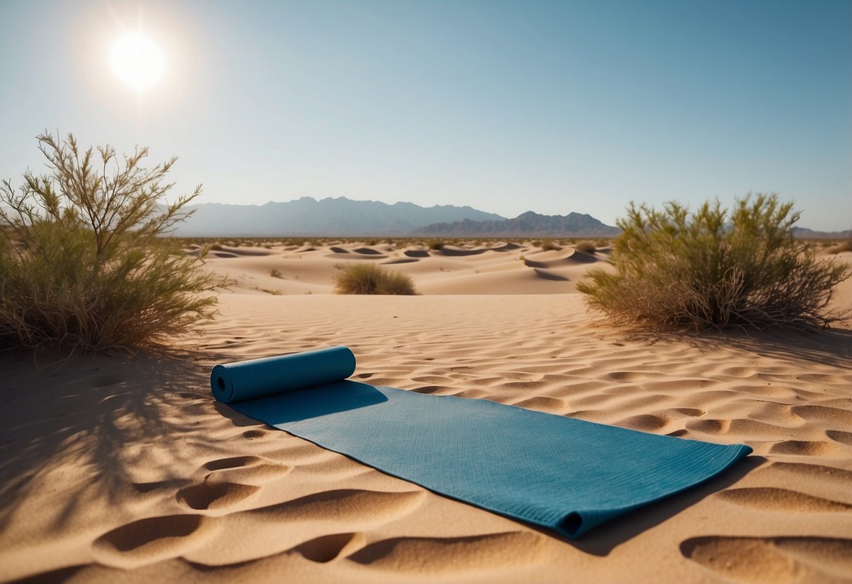 Vast desert landscape with sand dunes, clear blue sky, and distant mountains. A solitary yoga mat placed on the soft sand, surrounded by peaceful silence