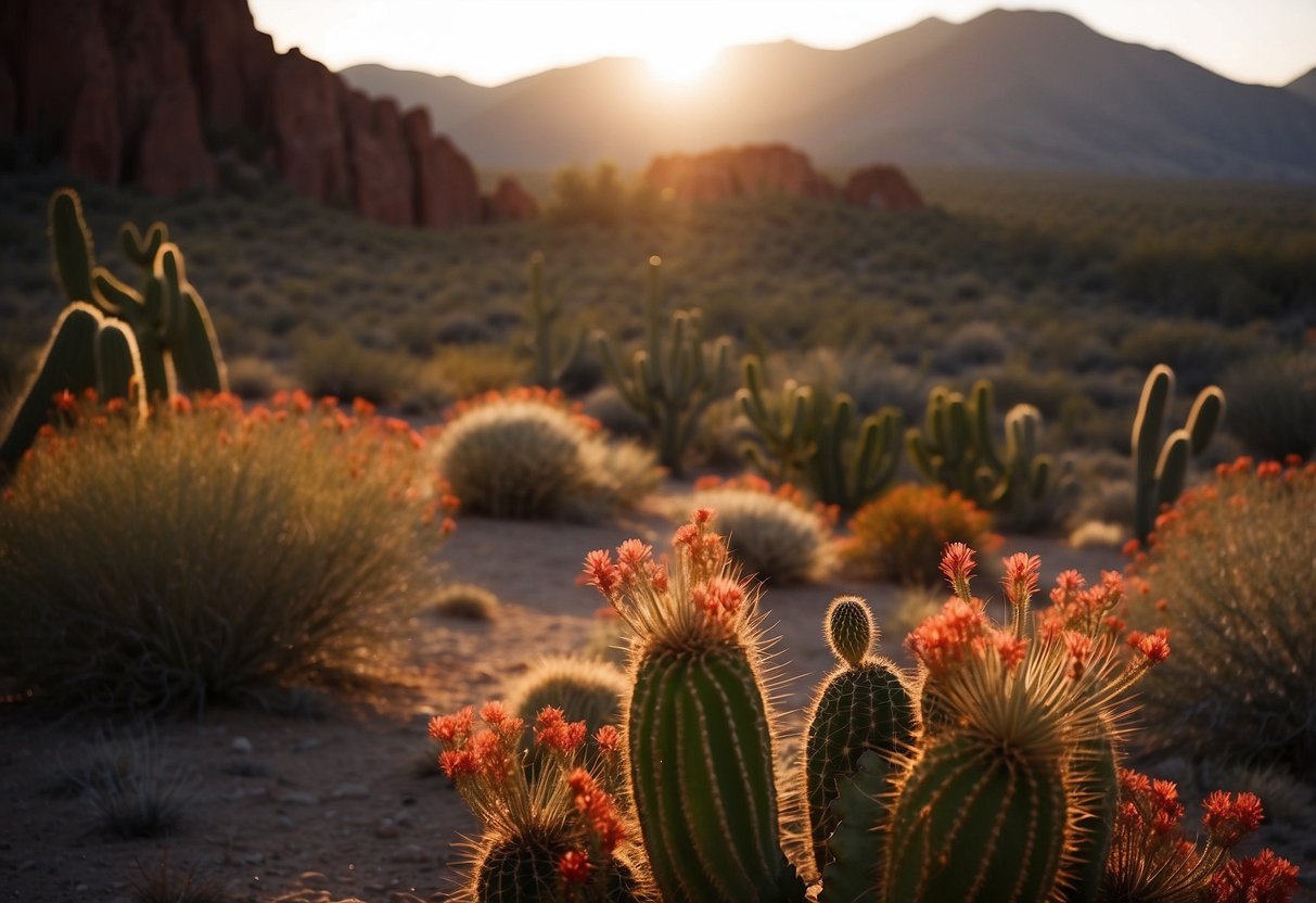 Vibrant red rock formations rise from the desert floor, surrounded by cacti and scrub brush. The sun sets in the distance, casting a warm glow over the rugged landscape