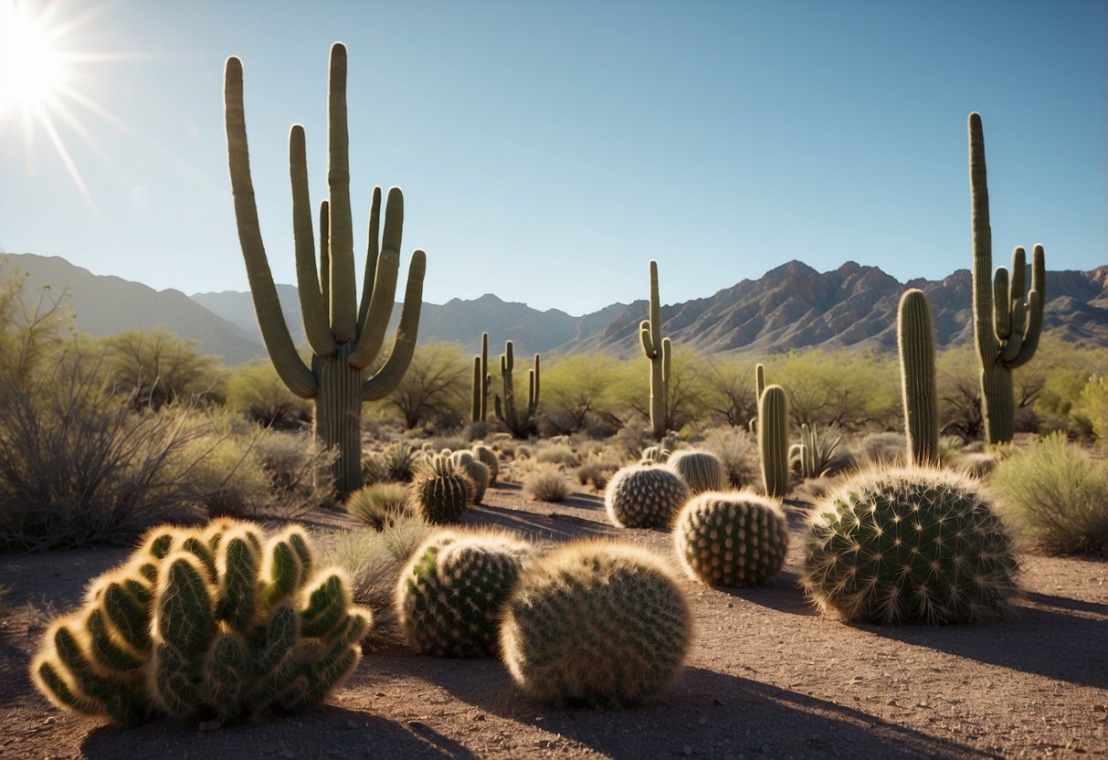 A serene desert landscape with towering saguaro cacti, rugged mountains, and clear blue skies, perfect for outdoor yoga practice