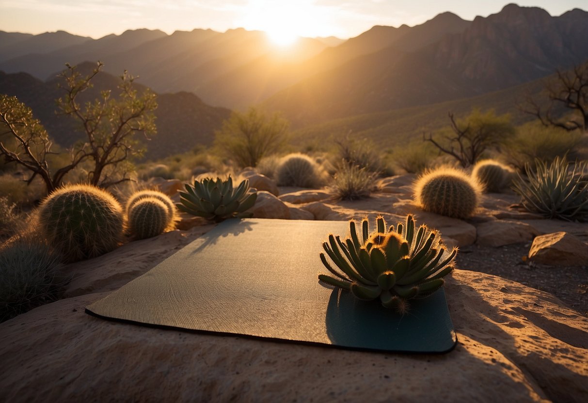 The sun sets over the vast desert landscape of Big Bend National Park, casting a warm glow on the rugged terrain. A solitary yoga mat is laid out on a flat rock, surrounded by cacti and mesquite trees