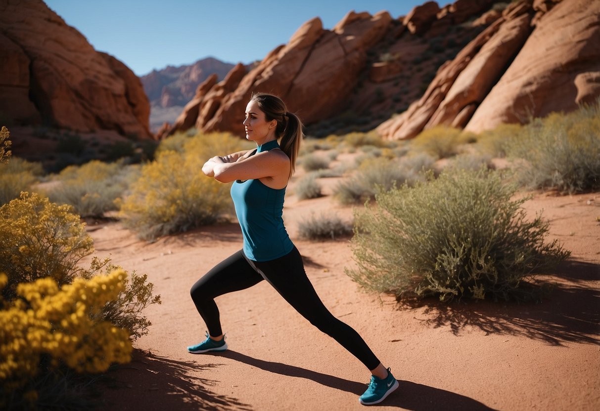 Vibrant red rocks, rugged desert terrain, and clear blue skies create a stunning backdrop for outdoor yoga at Valley of Fire State Park, Nevada