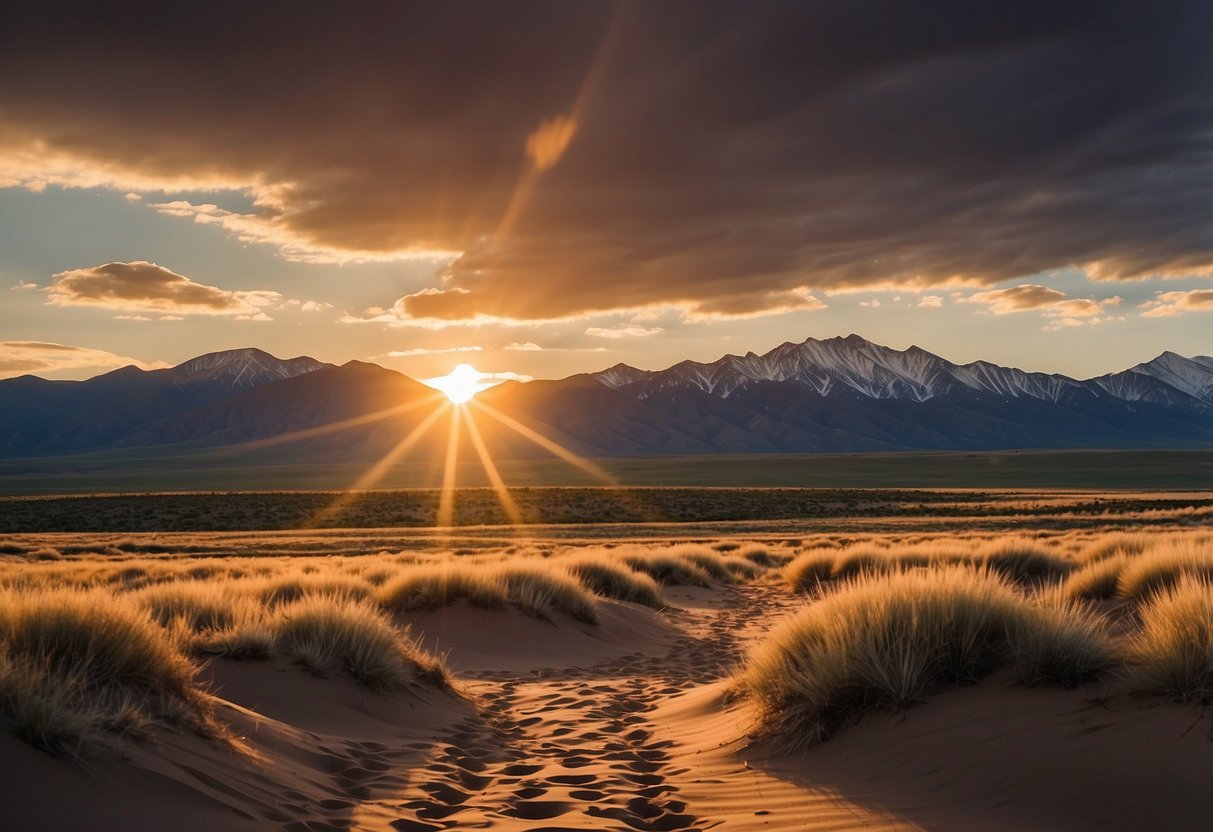 Sunset at Great Sand Dunes NP, with towering dunes and distant mountains, a perfect spot for outdoor yoga