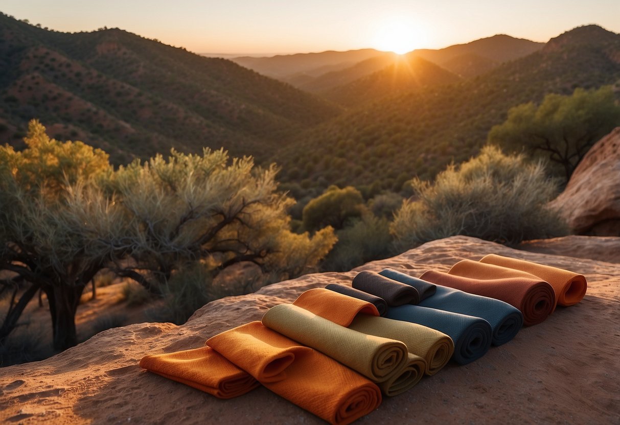 Sunset at Pinnacles National Park, with desert landscape and yoga mats spread out on flat ground