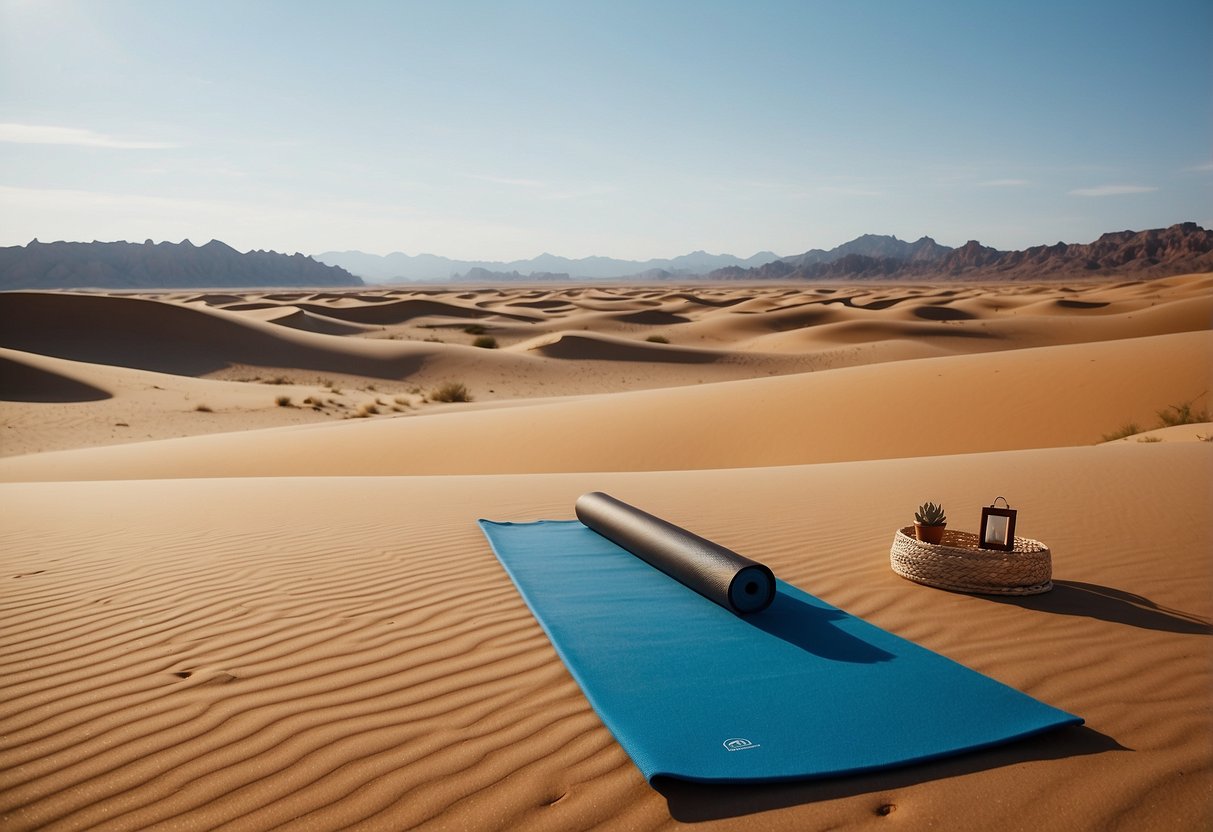 A serene desert landscape with a clear blue sky, sand dunes, and a solitary yoga mat surrounded by the peaceful stillness of nature