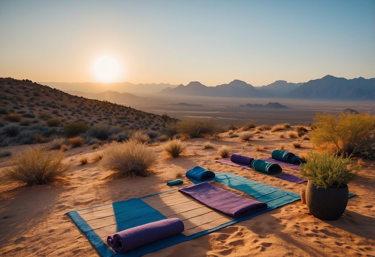 Sunset over desert landscape with rocky formations. Serene yoga spots marked with colorful mats. Clear blue sky and distant mountains