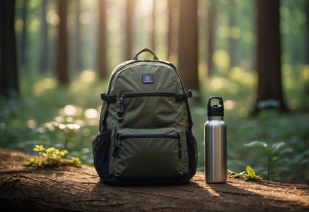 A serene forest clearing with a yoga mat, water bottle, and backpack. Sunlight filters through the trees, birds chirp in the background. Peaceful and inviting