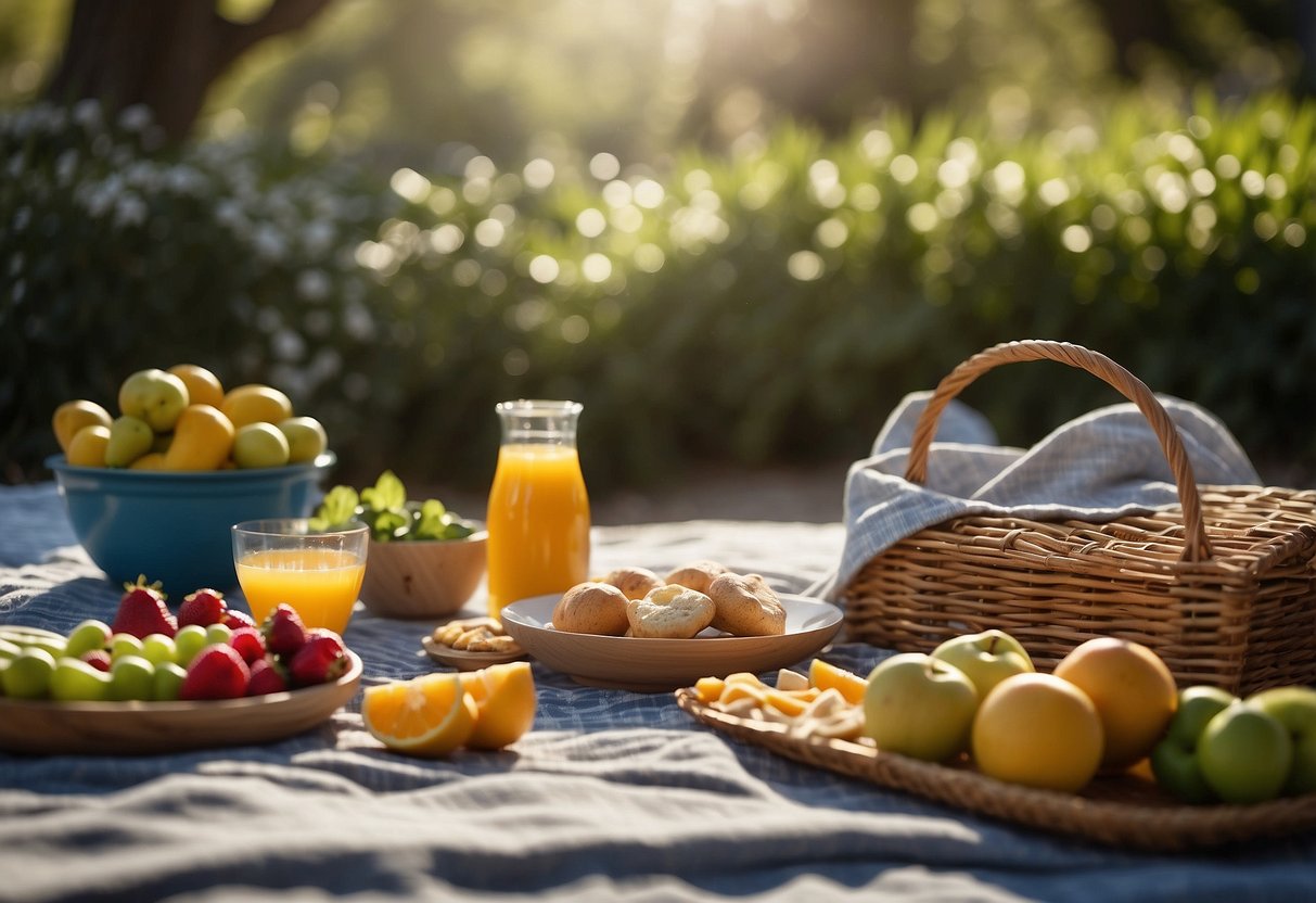 A serene outdoor yoga setting with a picnic blanket spread out, surrounded by lush greenery and a clear blue sky. A variety of hydrating snacks, such as fruits and water, are displayed on the blanket