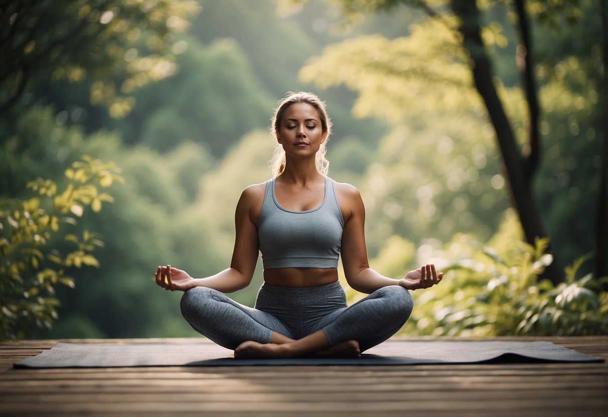 A person in breathable clothing practices yoga outdoors, surrounded by nature and feeling relaxed