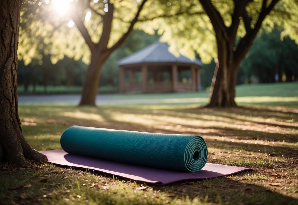 A person's yoga mat is spread out under a large tree, providing a shady spot for their practice. The sun is shining, but the tree provides a cool and peaceful area for outdoor yoga