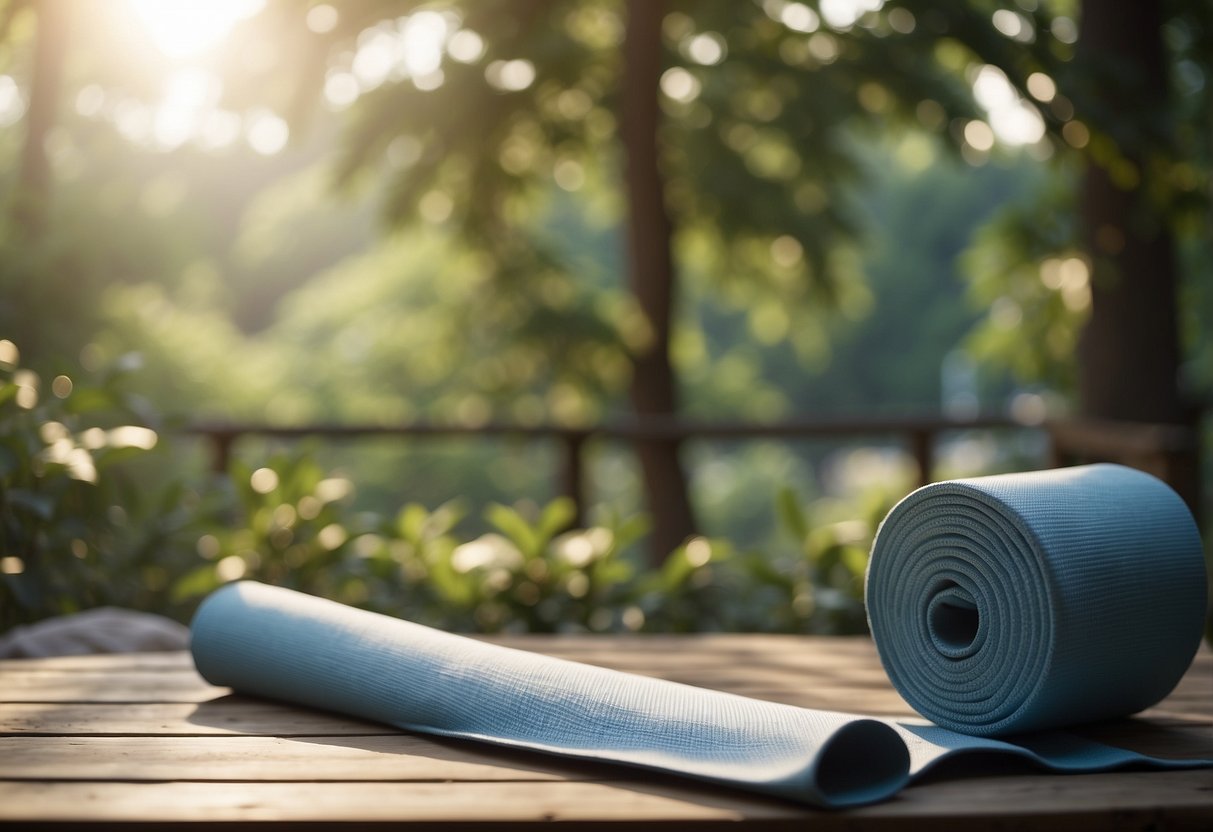 A serene outdoor setting with a yoga mat, surrounded by nature, with a gentle breeze and soft sunlight filtering through the trees