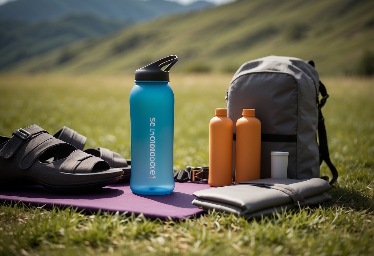 A person places a reusable water bottle in a yoga mat bag next to a pair of sandals, sunscreen, and a journal. The bag sits on a grassy field with a distant mountain view