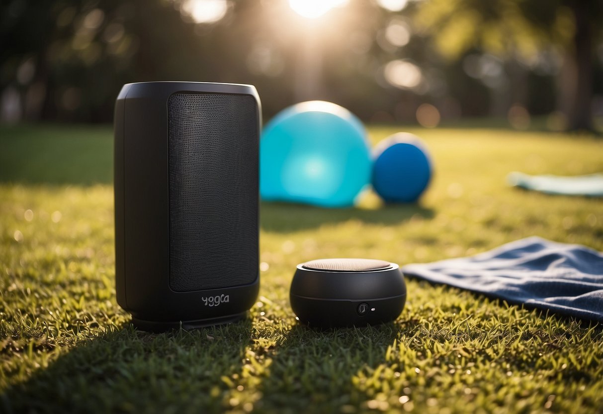 A portable speaker sits on a grassy patch, surrounded by yoga mats and water bottles. The sun shines overhead as birds chirp in the distance, setting the scene for an enjoyable outdoor yoga session