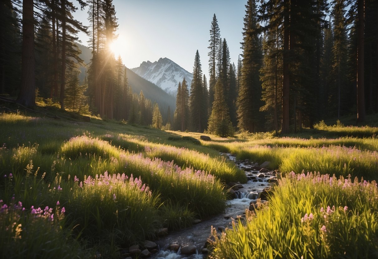 A serene forest clearing with dappled sunlight, surrounded by tall trees. A small stream trickles nearby, and colorful wildflowers dot the grassy ground. A distant mountain range looms in the background, creating a peaceful and picturesque setting for outdoor