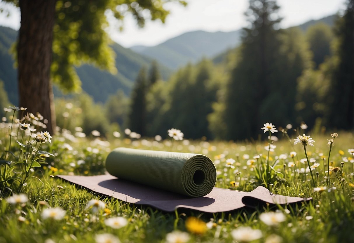 A serene outdoor yoga spot with a clear sky, gentle breeze, and lush green surroundings. A yoga mat is placed on the grass, surrounded by blooming flowers and tall trees