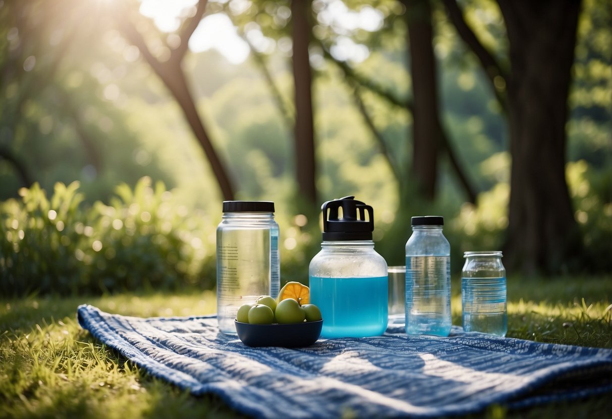 A serene outdoor yoga spot with 5 hydration systems displayed on a picnic blanket surrounded by lush greenery and a clear blue sky