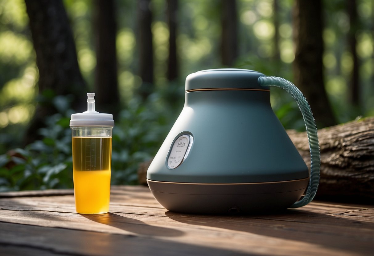 A platypus Big Zip Evo 5 hydration system rests on a yoga mat in a lush outdoor setting, surrounded by trees and a serene natural environment