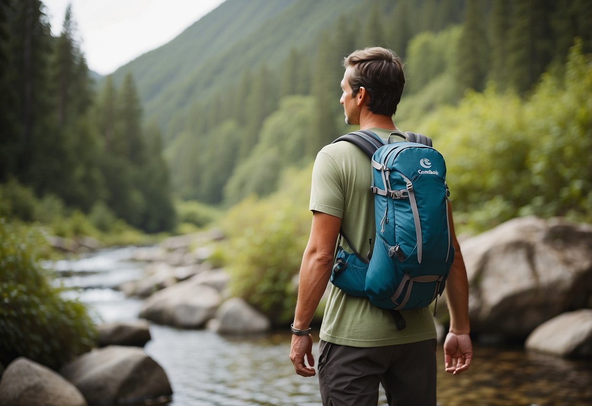 A hiker wearing a CamelBak Rim Runner Hydration Pack stands in a serene outdoor yoga setting, surrounded by lush greenery and a tranquil stream