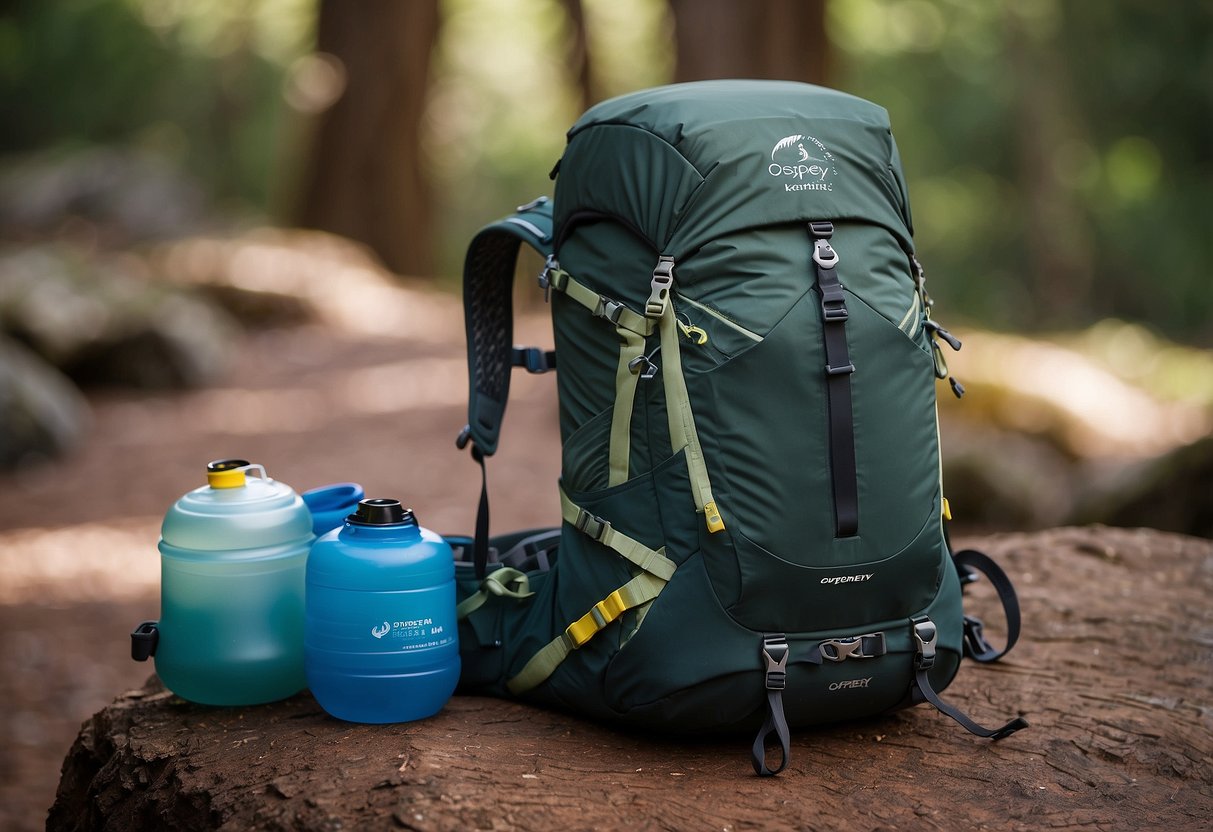 An Osprey Skarab 18 backpack lies open, revealing a hydration system with a water reservoir and tube, surrounded by outdoor yoga gear