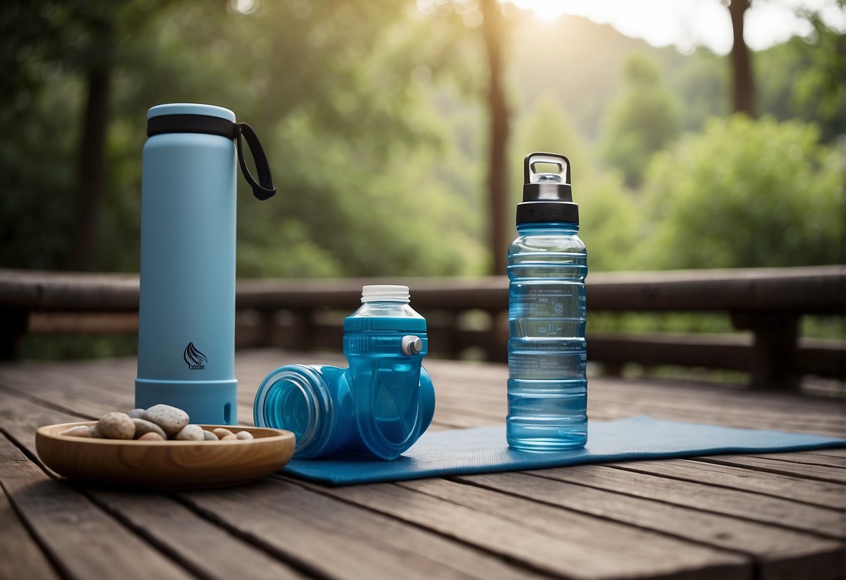 A serene outdoor yoga setting with hydration systems placed nearby, showcasing the convenience and practicality of staying hydrated during yoga trips