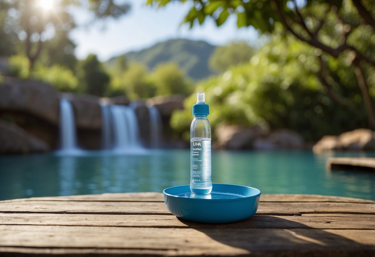 A serene outdoor yoga setting with a clear blue sky, lush greenery, and a peaceful water source nearby. Various hydration systems are displayed nearby, showcasing their features and functionality