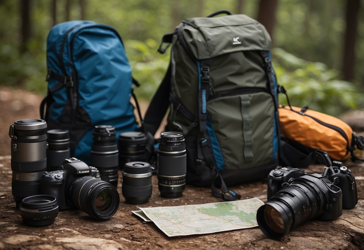 A camera, tripod, backpack, hiking boots, lens, filters, memory cards, outdoor clothing, water bottle, and map laid out in a natural setting