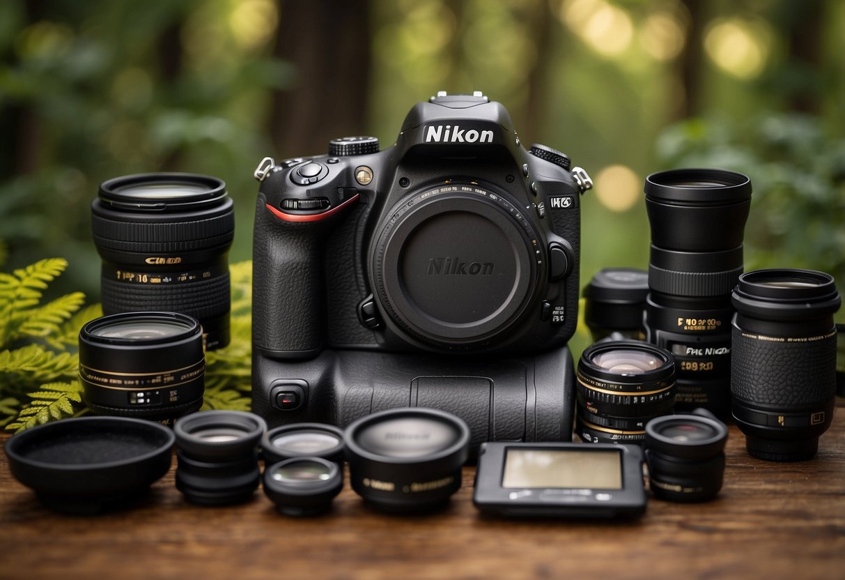 A Nikon D3500 camera surrounded by essential gear items for nature photography: lens, tripod, backpack, memory cards, filters, cleaning kit, remote shutter release, and camera strap