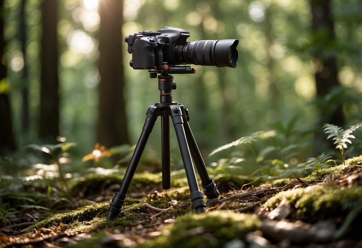 A Manfrotto MT055XPRO3 tripod stands on soft forest floor, surrounded by camera gear. Sunlight filters through the trees, casting dappled shadows