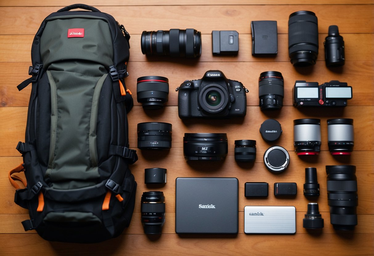 A camera bag open on a wooden table, with a SanDisk Extreme Pro SDXC UHS-I Card 64GB, a DSLR camera, and other essential gear items for nature photography laid out neatly