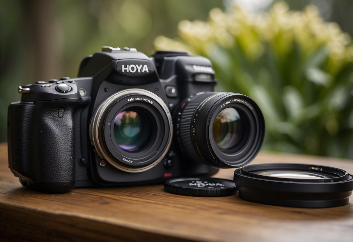 A camera lens with a Hoya 58mm PRO1 Digital Filter attached, surrounded by essential gear items for nature photography