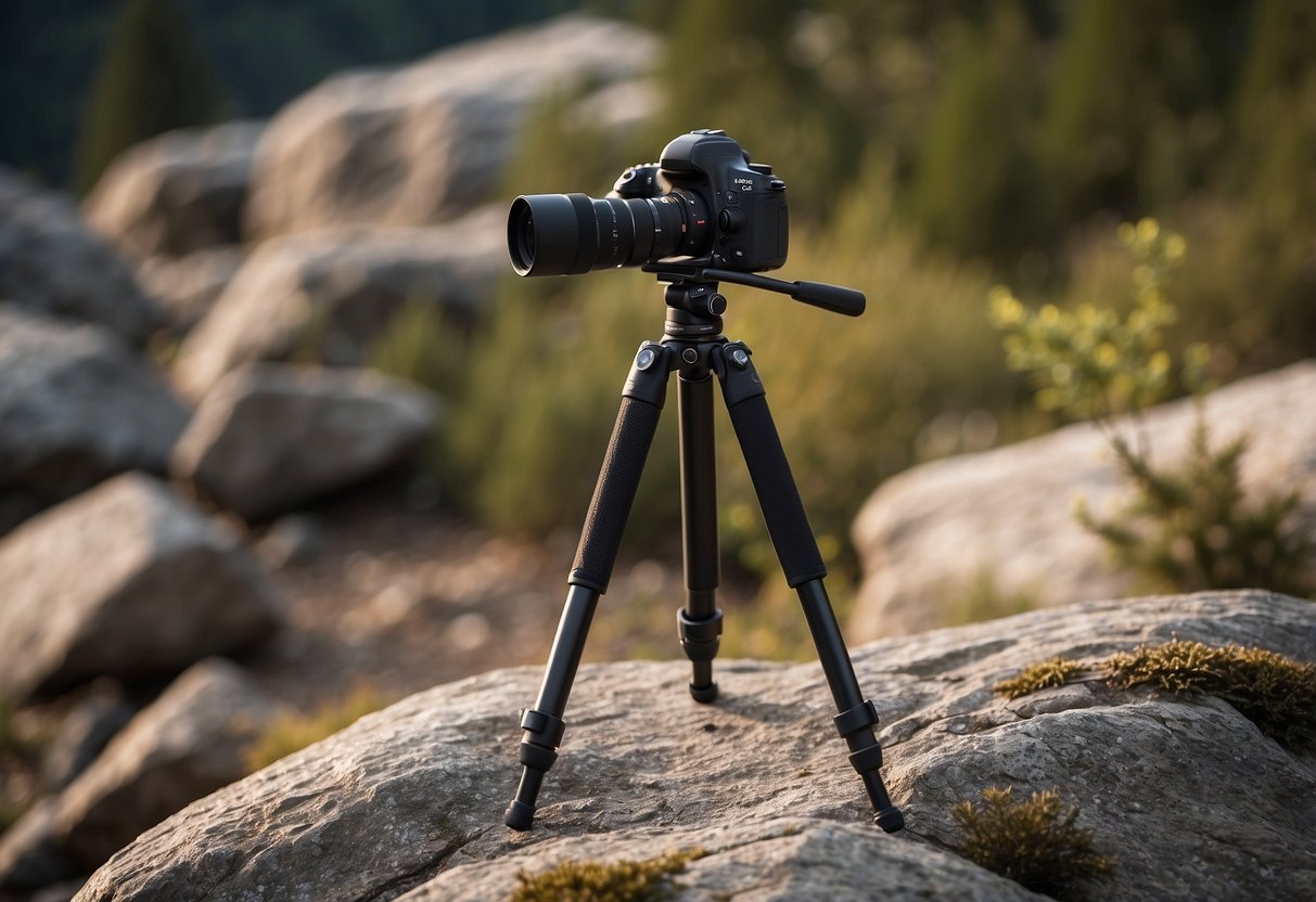 A carbon fiber tripod stands on rocky terrain, surrounded by essential gear for nature photography