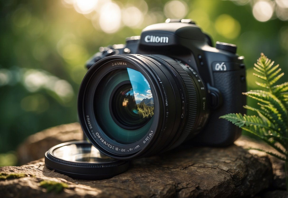 A camera lens with a UV filter attached, surrounded by nature photography gear