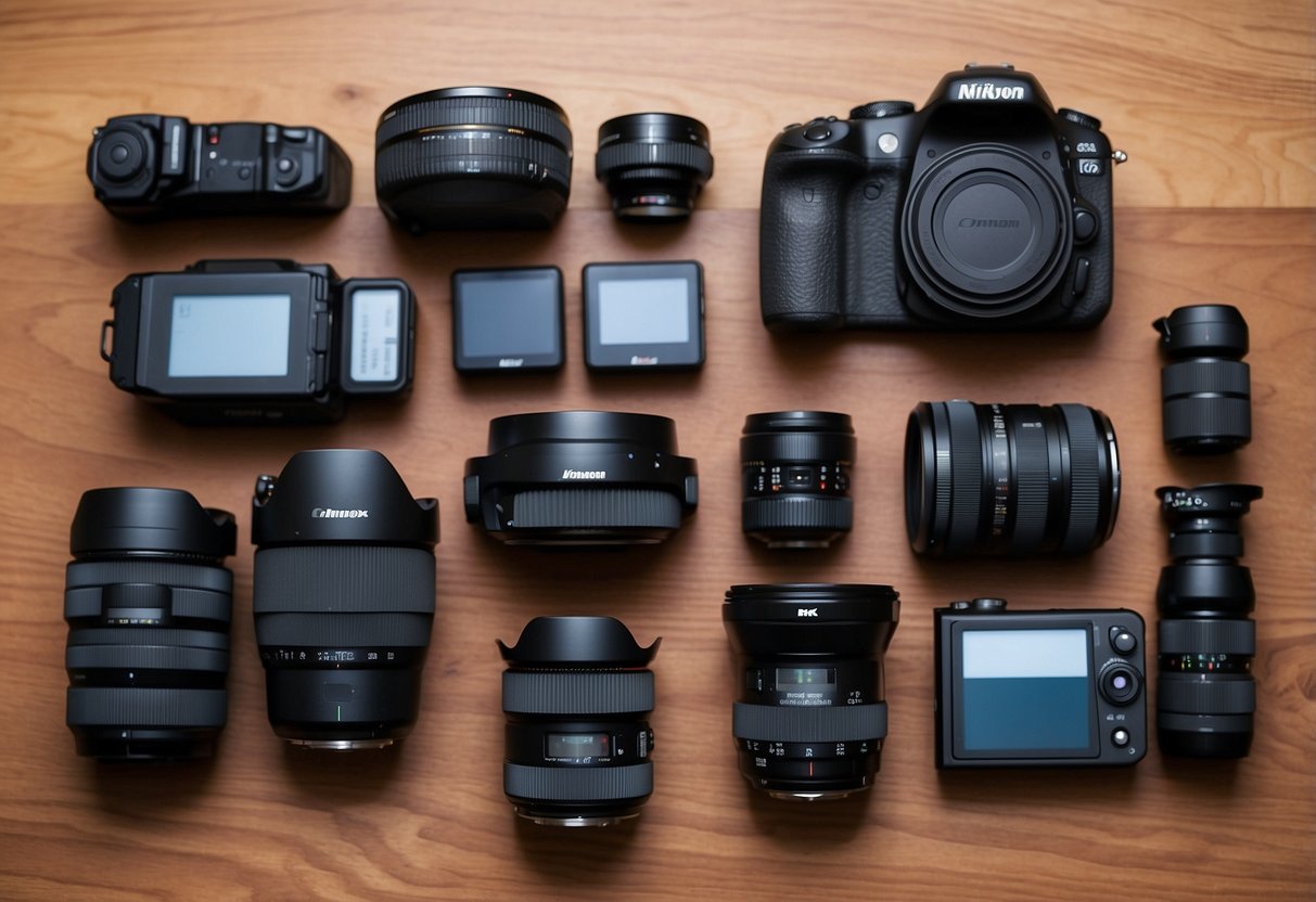 A nature photographer's gear spread out on a wooden table: camera, lenses, tripod, filters, and memory cards. A notebook with camera settings and a guidebook on nature photography