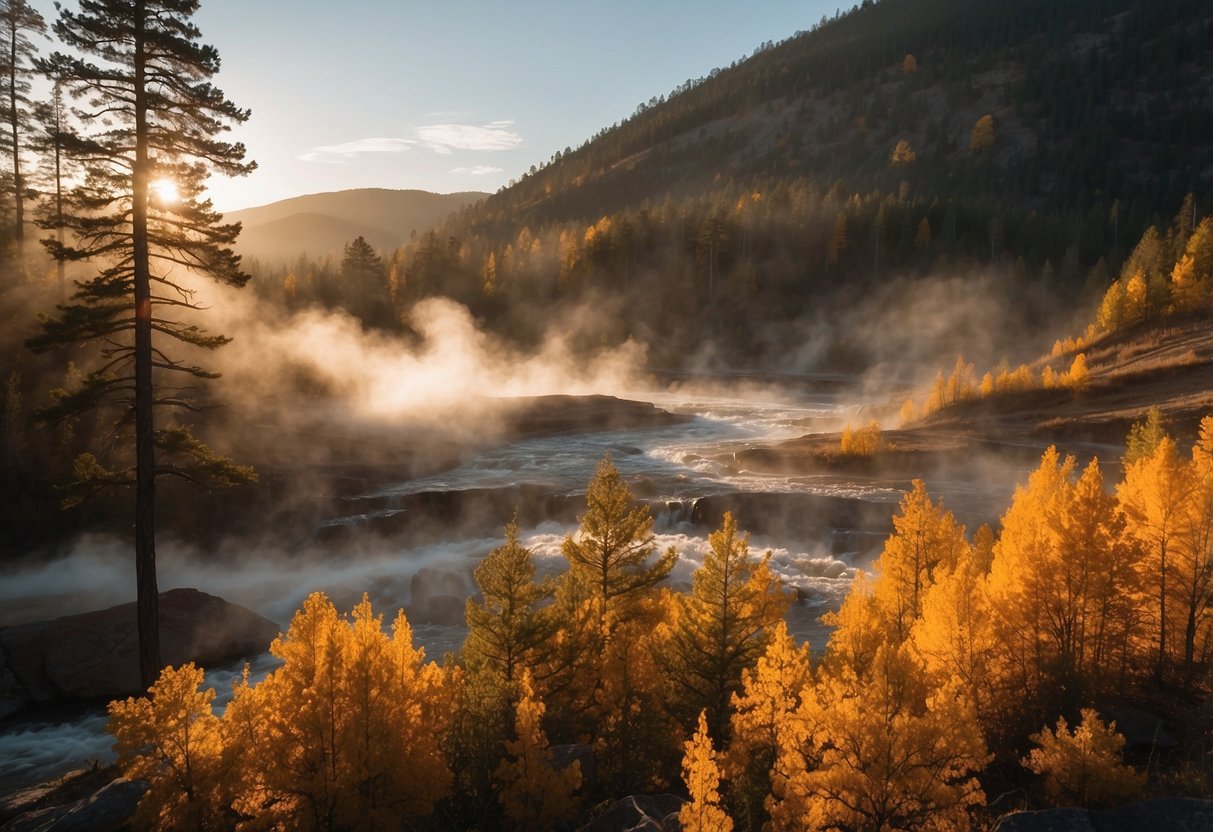 Vibrant fall foliage in Great Smoky Mountains, misty morning at Yellowstone's geysers, and the golden hour at Grand Canyon