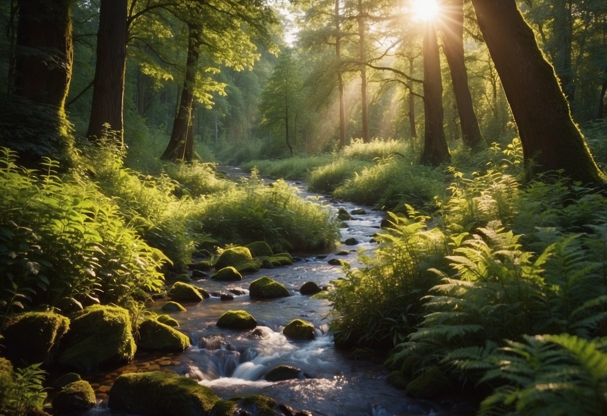 Lush green forest with a winding river, vibrant flowers, and diverse wildlife. Sunlight filters through the trees, creating natural lighting. A camera and tripod are set up, ready to capture the beauty of nature