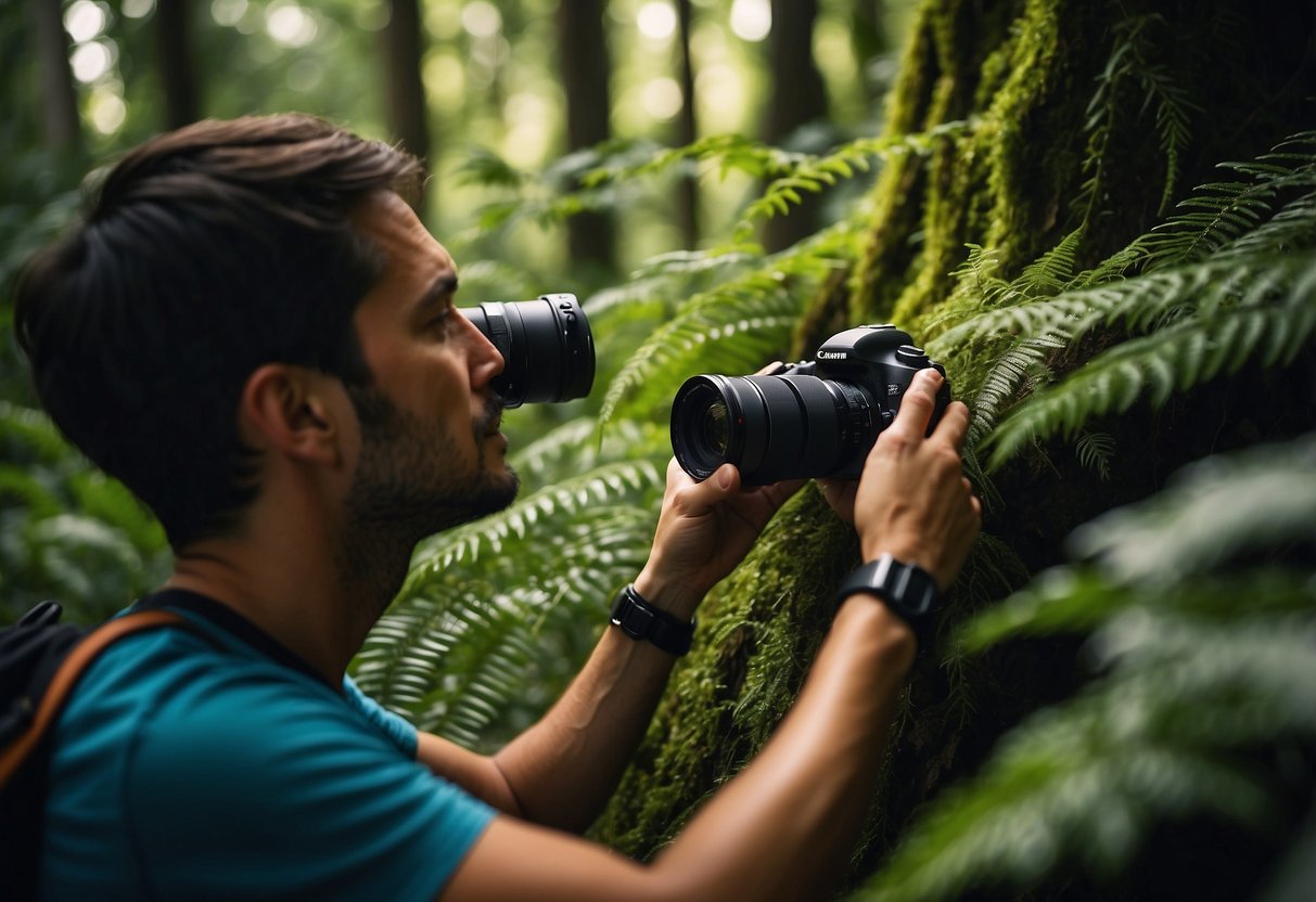 A photographer adjusting lens settings in a lush forest, capturing vibrant colors and intricate details of flora and fauna