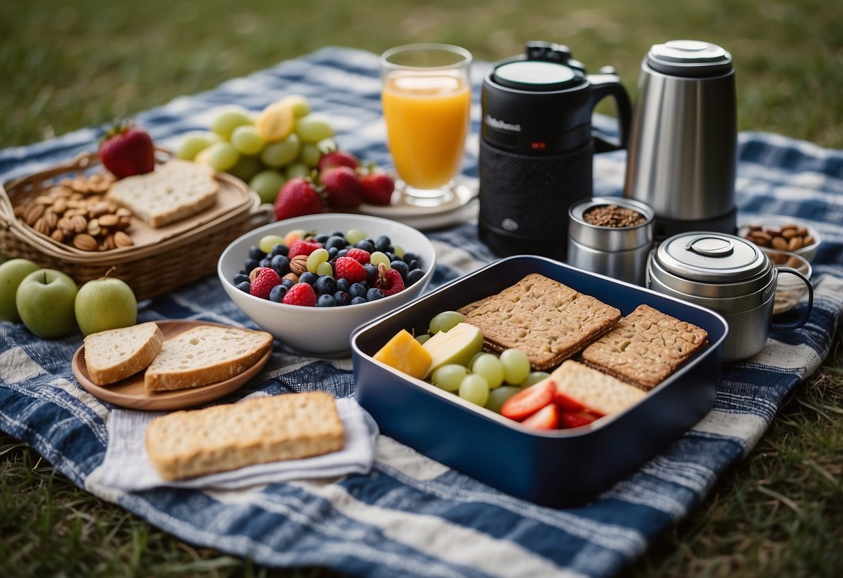 A picnic blanket spread with an assortment of snacks: fresh fruit, nuts, cheese, crackers, and granola bars. A thermos of hot tea and a camera bag sit nearby