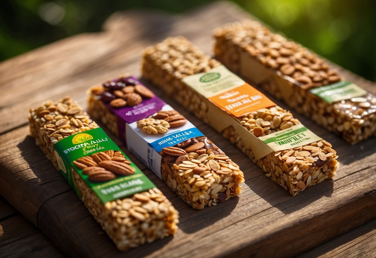 A colorful array of Nature Valley Granola Bars arranged on a rustic wooden table, surrounded by lush greenery and dappled sunlight