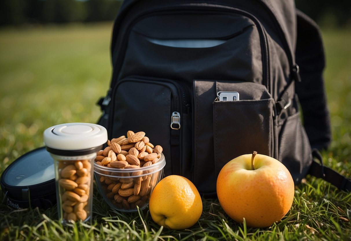 A backpack sits open on a grassy field, spilling out Kind Fruit & Nut Bars and other snacks. A camera and lens peek out from the side, ready for a photography trip