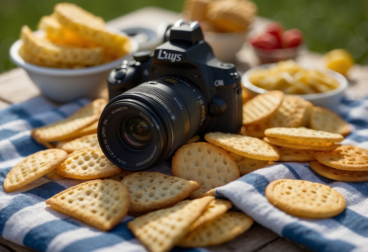 A picnic blanket with a variety of Lay's Poppables snacks arranged in a neat display, surrounded by a camera, lens, and other photography equipment