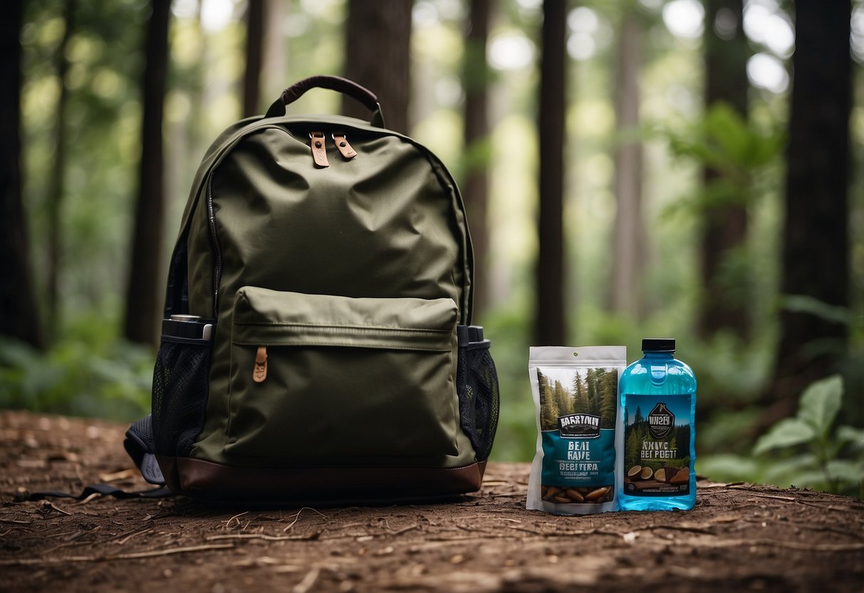 A backpack open on the ground, with KRAVE Beef Jerky packets spilling out. A camera, map, and water bottle nearby. Lush forest in the background