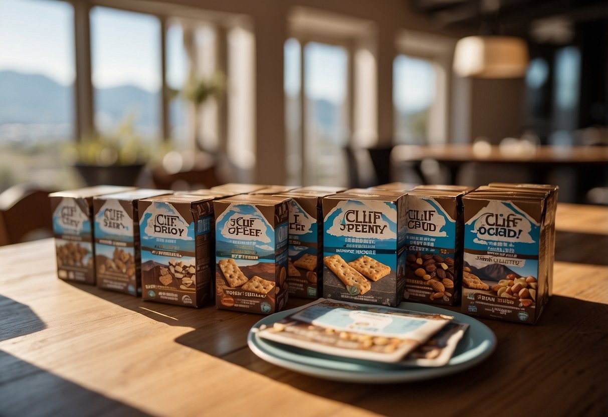 A table with 10 Clif Energy Bars arranged in a neat row, surrounded by scattered photography equipment and a map. Sunlight streams in from a nearby window, casting soft shadows on the scene