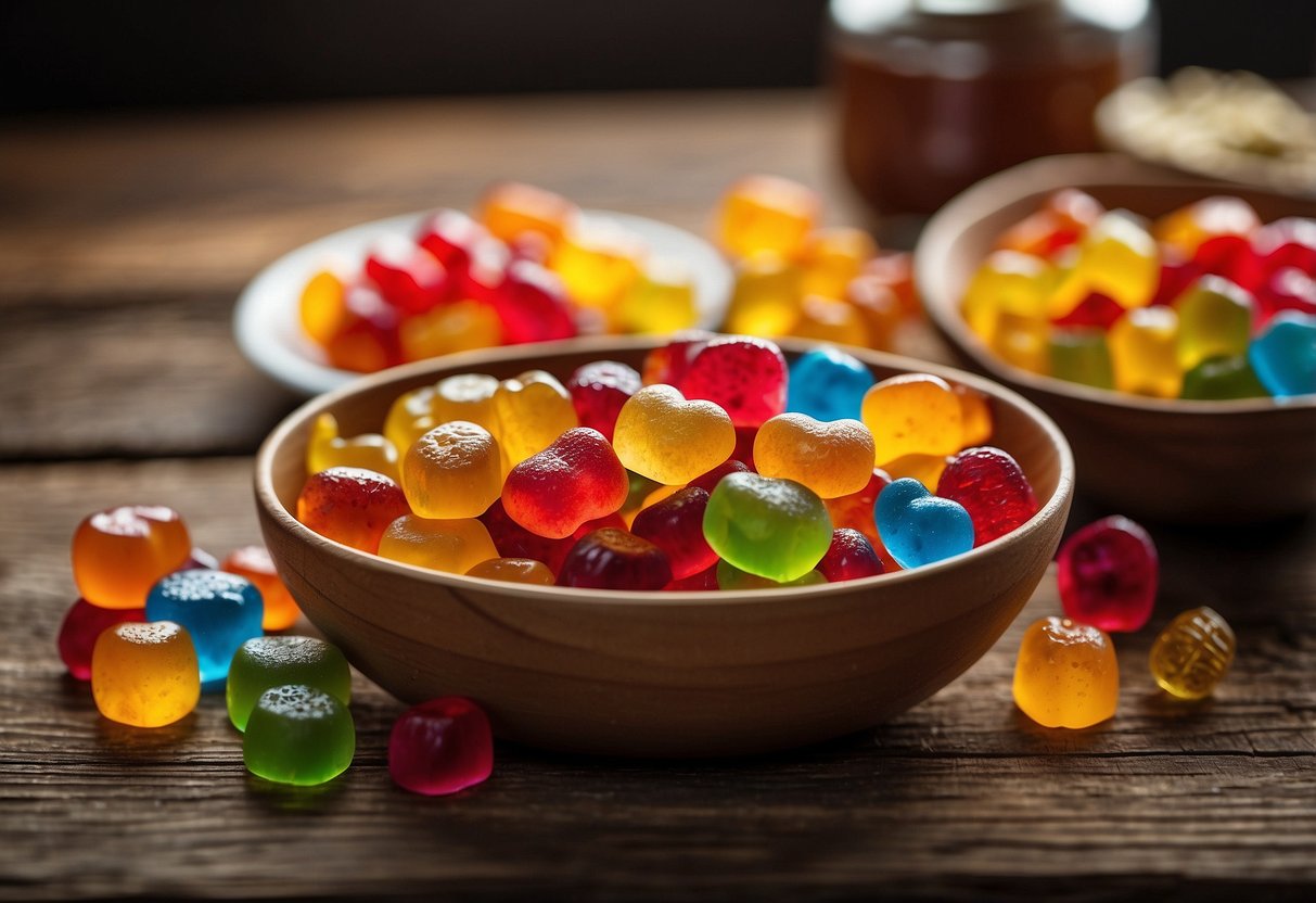 A colorful assortment of Haribo Gummy Bears arranged on a rustic wooden table, surrounded by various photography equipment and snacks