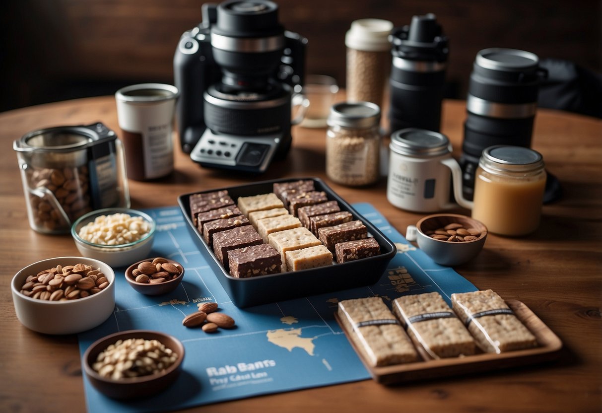 A table with a variety of RXBAR protein bars, surrounded by photography equipment and a map