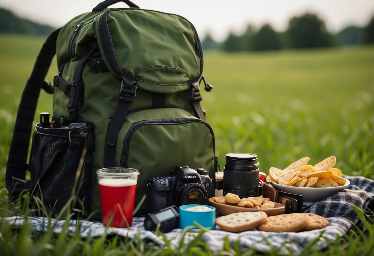 A backpack open with various snacks spilling out onto a blanket in a lush, green field with a camera and photography equipment nearby